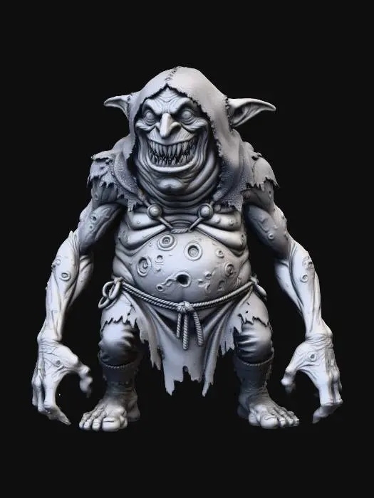 3D model for a grey chavant figurine of a hideous, obese, fat and disgusting  cave goblin wearing a very  big rugged d.i.y. hood, and rough tribal leather d.i.y. attire stitched together with rough leather  strings,   ultra realistic, natural dynamic a pose, extreme details, on neutral mid grey background, studio lighting, exaggerated proportions, long arms, big head and feet, big eyes, wide mouth full of chaotic irregular teeth, evil grin, insane look in his eyes, gnarly look and feel, utterly ugly , infected wrinkly skin covered with blisters, warts, utterly fat and obese, high frequency details on skin
