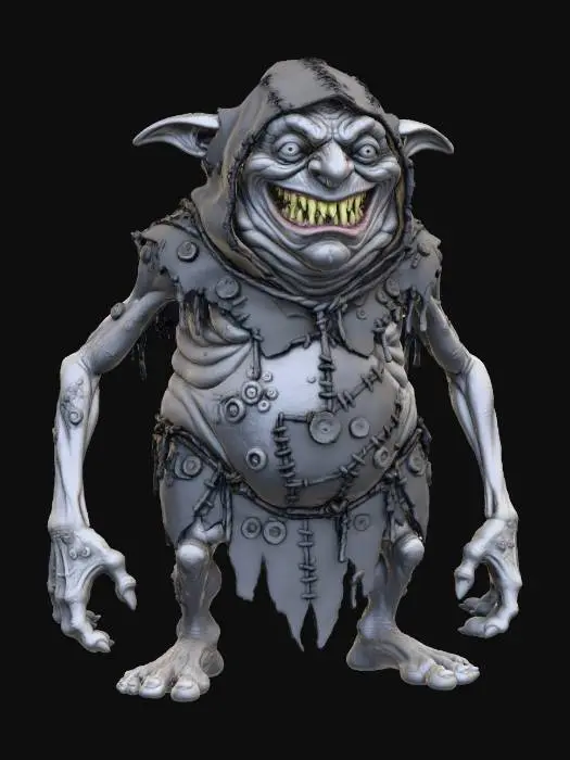 3D model for a grey chavant figurine of a hideous, obese, fat and disgusting  cave goblin wearing a very  big rugged d.i.y. hood, and rough tribal leather d.i.y. attire stitched together with rough leather  strings,   ultra realistic, natural dynamic a pose, extreme details, on neutral mid grey background, studio lighting, exaggerated proportions, long arms, big head and feet, big eyes, wide mouth full of chaotic irregular teeth, evil grin, insane look in his eyes, gnarly look and feel, utterly ugly , infected wrinkly skin covered with blisters, warts, utterly fat and obese, high frequency details on skin