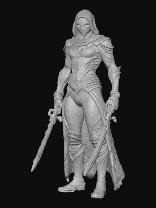 3D model for Shadowblade Assassin
"A stealthy rogue in a sleek black bodysuit with crimson accents, her masked face revealing only glowing amber eyes. Twin daggers rest in her hands, coated with a faint, venomous glow. Her flexible armor is lined with dark leather and reinforced with lightweight metal, allowing swift and silent movement.", extreme details, well lit,
