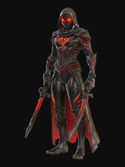 3D model for Shadowblade Assassin
"A stealthy rogue in a sleek black bodysuit with crimson accents, her masked face revealing only glowing amber eyes. Twin daggers rest in her hands, coated with a faint, venomous glow. Her flexible armor is lined with dark leather and reinforced with lightweight metal, allowing swift and silent movement.", extreme details, well lit,