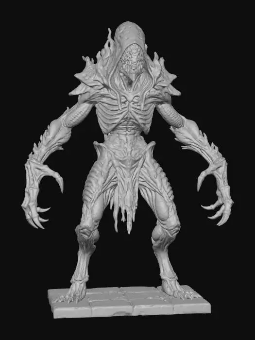3D model for a full body clay or chavant figurine of a chaos spawn cultist high priest, ultra realistic, natural A Pose, extreme details ,on neutral mid grey background, studio lighting, dark and gloomy, natural muted colors, lost, , gloomy horror, no weapon, design patterns inspired by HR Giger, utterly disturbing, massive claws,