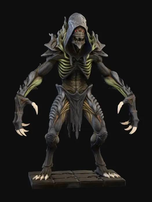 3D model for a full body clay or chavant figurine of a chaos spawn cultist high priest, ultra realistic, natural A Pose, extreme details ,on neutral mid grey background, studio lighting, dark and gloomy, natural muted colors, lost, , gloomy horror, no weapon, design patterns inspired by HR Giger, utterly disturbing, massive claws,