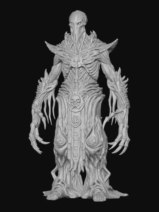 3D model for a full body clay or chavant figurine of a chaos spawn cultist high priest, ultra realistic, natural A Pose, extreme details ,on neutral mid grey background, studio lighting, dark and gloomy, natural muted colors, lost, , gloomy horror, no weapon, design patterns inspired by HR Giger, utterly disturbing, massive claws,