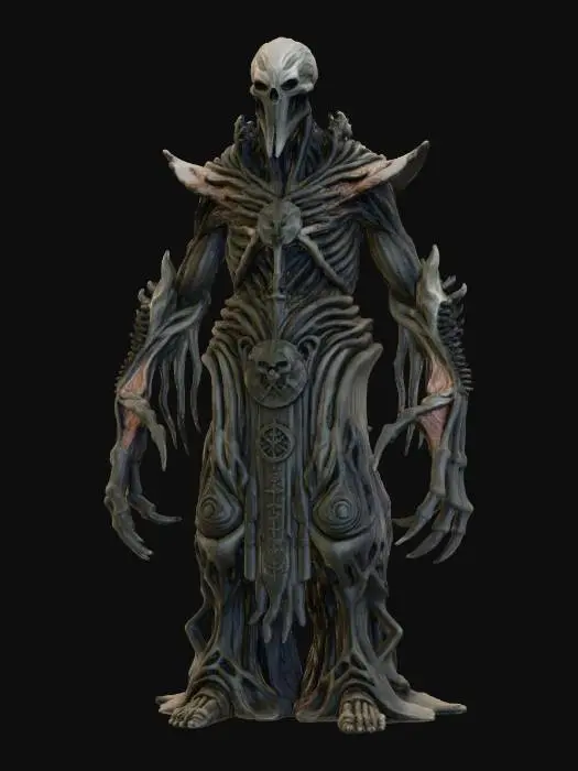 3D model for a full body clay or chavant figurine of a chaos spawn cultist high priest, ultra realistic, natural A Pose, extreme details ,on neutral mid grey background, studio lighting, dark and gloomy, natural muted colors, lost, , gloomy horror, no weapon, design patterns inspired by HR Giger, utterly disturbing, massive claws,