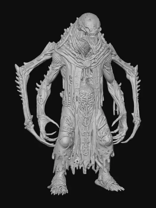 3D model for a full body clay or chavant figurine of a chaos spawn cultist high priest, ultra realistic, natural A Pose, extreme details ,on neutral mid grey background, studio lighting, dark and gloomy, natural muted colors, lost, , gloomy horror, no weapon, design patterns inspired by HR Giger, utterly disturbing, massive claws,