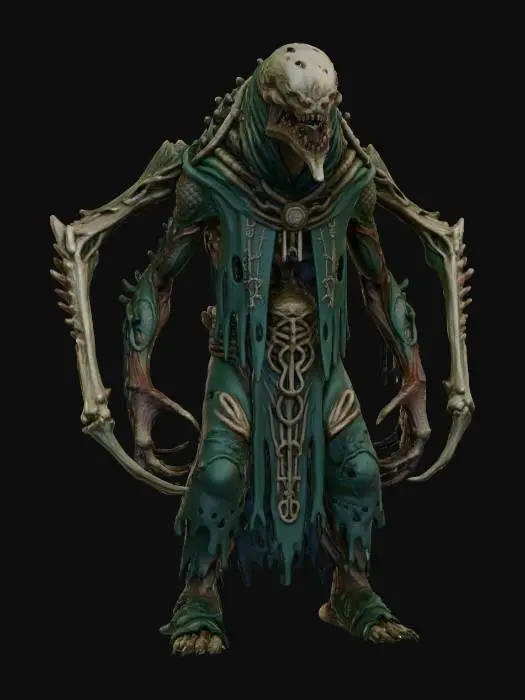 3D model for a full body clay or chavant figurine of a chaos spawn cultist high priest, ultra realistic, natural A Pose, extreme details ,on neutral mid grey background, studio lighting, dark and gloomy, natural muted colors, lost, , gloomy horror, no weapon, design patterns inspired by HR Giger, utterly disturbing, massive claws,
