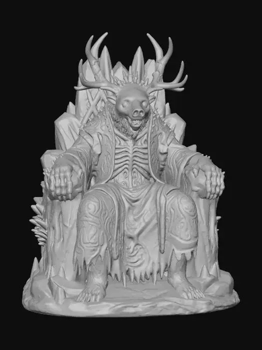 3D model for a ultra realistic full body of a wendigo ice lord sitting on a throne, his head is an ice bear skull with antlers growing from it, chaos spawn cultist high priest, ultra realistic, natural A Pose, extreme details ,on neutral mid grey background, studio lighting, dark and gloomy, natural muted colors, lost, , gloomy horror, no weapon, design patterns inspired by HR Giger, utterly disturbing, massive claws,