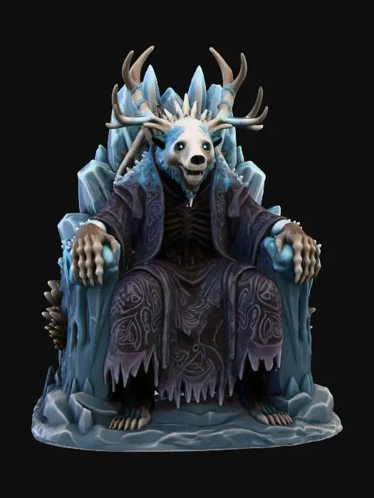 3D model for a ultra realistic full body of a wendigo ice lord sitting on a throne, his head is an ice bear skull with antlers growing from it, chaos spawn cultist high priest, ultra realistic, natural A Pose, extreme details ,on neutral mid grey background, studio lighting, dark and gloomy, natural muted colors, lost, , gloomy horror, no weapon, design patterns inspired by HR Giger, utterly disturbing, massive claws,