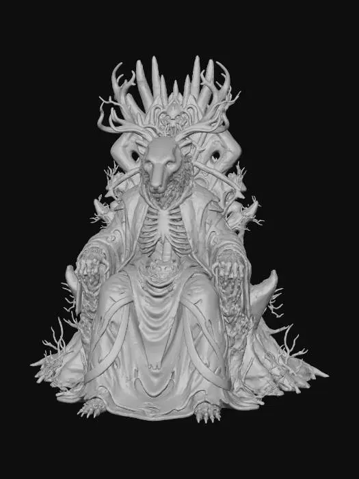 3D model for a ultra realistic full body of a wendigo ice lord sitting on a throne, his head is an ice bear skull with antlers growing from it, chaos spawn cultist high priest, ultra realistic, natural A Pose, extreme details ,on neutral mid grey background, studio lighting, dark and gloomy, natural muted colors, lost, , gloomy horror, no weapon, design patterns inspired by HR Giger, utterly disturbing, massive claws,