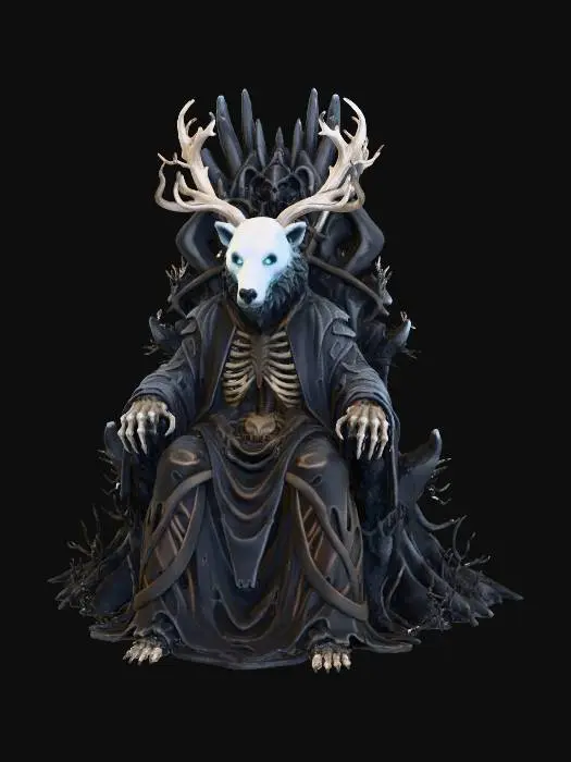 3D model for a ultra realistic full body of a wendigo ice lord sitting on a throne, his head is an ice bear skull with antlers growing from it, chaos spawn cultist high priest, ultra realistic, natural A Pose, extreme details ,on neutral mid grey background, studio lighting, dark and gloomy, natural muted colors, lost, , gloomy horror, no weapon, design patterns inspired by HR Giger, utterly disturbing, massive claws,