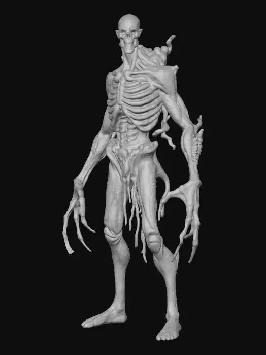 3D model for a full body clay or chavant figurine of a xeno spawn cultist high priest of the void god, ultra realistic, natural A Pose, extreme details ,on neutral mid grey background, studio lighting, dark and gloomy, natural muted colors, lost, , gloomy horror, no weapon, design patterns inspired by HR Giger, utterly disturbing, massive claws,