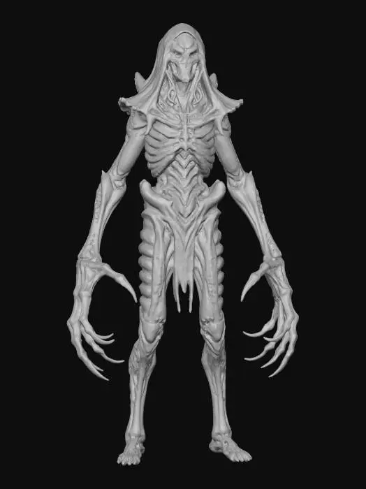 3D model for a full body clay or chavant figurine of a xeno spawn cultist high priest of the void god, ultra realistic, natural A Pose, extreme details ,on neutral mid grey background, studio lighting, dark and gloomy, natural muted colors, lost, , gloomy horror, no weapon, design patterns inspired by HR Giger, utterly disturbing, massive claws,