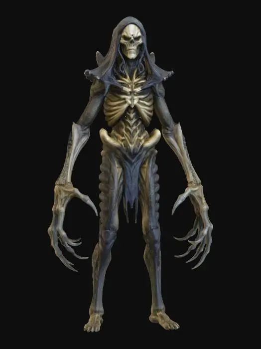 3D model for a full body clay or chavant figurine of a xeno spawn cultist high priest of the void god, ultra realistic, natural A Pose, extreme details ,on neutral mid grey background, studio lighting, dark and gloomy, natural muted colors, lost, , gloomy horror, no weapon, design patterns inspired by HR Giger, utterly disturbing, massive claws,