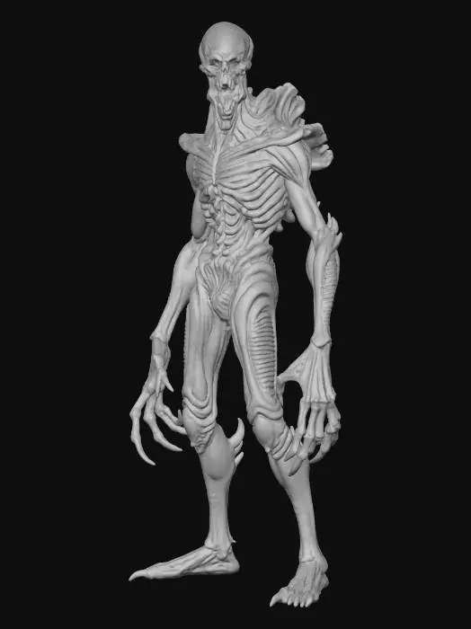 3D model for a full body clay or chavant figurine of a xeno spawn cultist high priest of the void god, ultra realistic, natural A Pose, extreme details ,on neutral mid grey background, studio lighting, dark and gloomy, natural muted colors, lost, , gloomy horror, no weapon, design patterns inspired by HR Giger, utterly disturbing, massive claws,