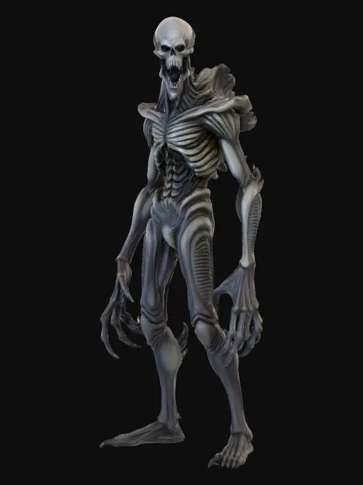 3D model for a full body clay or chavant figurine of a xeno spawn cultist high priest of the void god, ultra realistic, natural A Pose, extreme details ,on neutral mid grey background, studio lighting, dark and gloomy, natural muted colors, lost, , gloomy horror, no weapon, design patterns inspired by HR Giger, utterly disturbing, massive claws,
