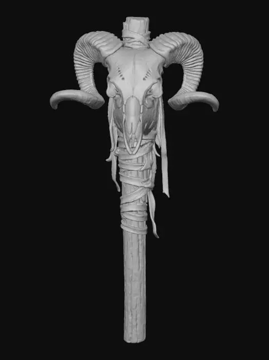 3D model for a withccraft totem, featuring a ram skull strapped to a stick with rough leather strips, d.i.y style, primitive, tribal, blair witch inspired, ultra realistic, creepy , dark and gloomy, extreme details ,on neutral mid grey background, studio lighting, dark and gloomy, natural muted colors, gloomy horror, design patterns inspired by HR Giger, utterly disturbing,