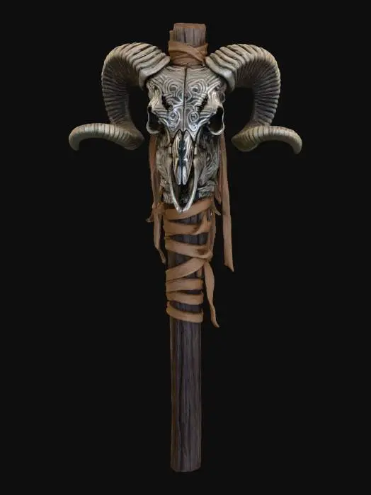 3D model for a withccraft totem, featuring a ram skull strapped to a stick with rough leather strips, d.i.y style, primitive, tribal, blair witch inspired, ultra realistic, creepy , dark and gloomy, extreme details ,on neutral mid grey background, studio lighting, dark and gloomy, natural muted colors, gloomy horror, design patterns inspired by HR Giger, utterly disturbing,