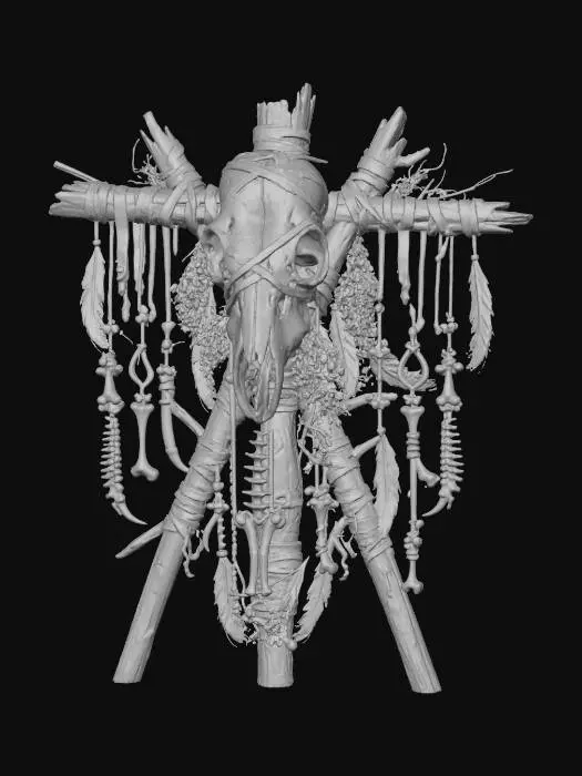 3D model for a witch craft totem, featuring an animal skull strapped to wooden sticks, with rough leather strips,  d.i.y style, primitive, tribal, blair witch inspired, witcher style, tribal elements,  small bones , ultra realistic, creepy , dark and gloomy,  extreme details ,on neutral mid grey background, studio lighting, dark and gloomy,  natural muted colors, gloomy horror,  utterly disturbing, complex game asset