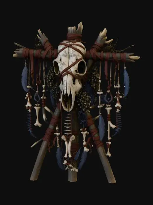 3D model for a witch craft totem, featuring an animal skull strapped to wooden sticks, with rough leather strips,  d.i.y style, primitive, tribal, blair witch inspired, witcher style, tribal elements,  small bones , ultra realistic, creepy , dark and gloomy,  extreme details ,on neutral mid grey background, studio lighting, dark and gloomy,  natural muted colors, gloomy horror,  utterly disturbing, complex game asset