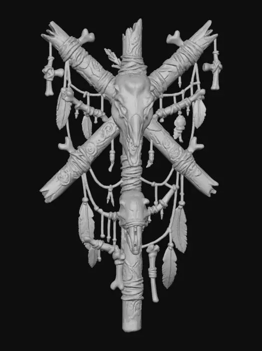 3D model for a witch craft totem, featuring an animal skull strapped to wooden sticks, with rough leather strips,  d.i.y style, primitive, tribal, blair witch inspired, witcher style, tribal elements,  small bones , ultra realistic, creepy , dark and gloomy,  extreme details ,on neutral mid grey background, studio lighting, dark and gloomy,  natural muted colors, gloomy horror,  utterly disturbing, complex game asset