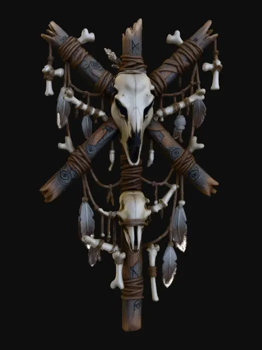 3D model for a witch craft totem, featuring an animal skull strapped to wooden sticks, with rough leather strips,  d.i.y style, primitive, tribal, blair witch inspired, witcher style, tribal elements,  small bones , ultra realistic, creepy , dark and gloomy,  extreme details ,on neutral mid grey background, studio lighting, dark and gloomy,  natural muted colors, gloomy horror,  utterly disturbing, complex game asset