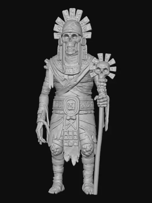 3D model for a chavant or clay  aztec mummy of an ancient death god,  creepy , dark and gloomy,  extreme details ,on neutral mid grey background, studio lighting, dark and gloomy,  natural muted colors, gloomy horror,  utterly disturbing, morbid, complex game asset