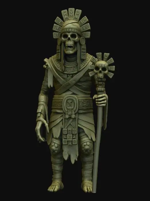 3D model for a chavant or clay  aztec mummy of an ancient death god,  creepy , dark and gloomy,  extreme details ,on neutral mid grey background, studio lighting, dark and gloomy,  natural muted colors, gloomy horror,  utterly disturbing, morbid, complex game asset