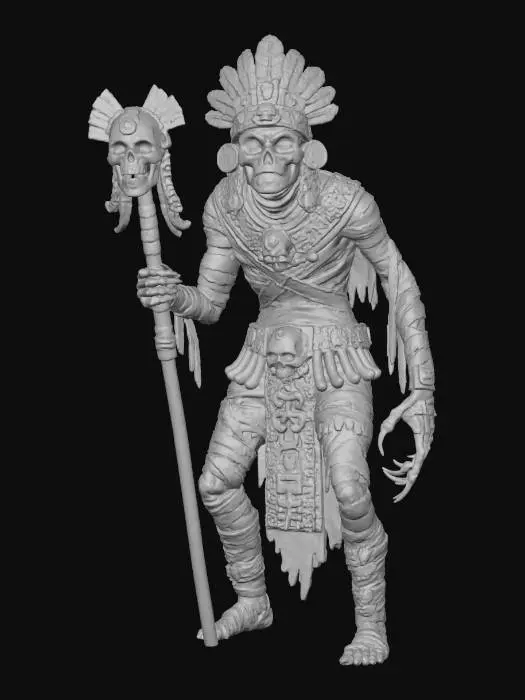 3D model for a chavant or clay  aztec mummy of an ancient death god,  creepy , dark and gloomy,  extreme details ,on neutral mid grey background, studio lighting, dark and gloomy,  natural muted colors, gloomy horror,  utterly disturbing, morbid, complex game asset