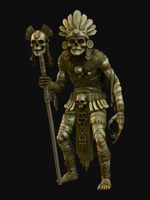 3D model for a chavant or clay  aztec mummy of an ancient death god,  creepy , dark and gloomy,  extreme details ,on neutral mid grey background, studio lighting, dark and gloomy,  natural muted colors, gloomy horror,  utterly disturbing, morbid, complex game asset