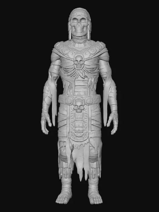 3D model for a chavant or clay  aztec mummy of an ancient death god,  creepy , dark and gloomy,  extreme details ,on neutral mid grey background, studio lighting, dark and gloomy,  natural muted colors, gloomy horror,  utterly disturbing, morbid, complex game asset