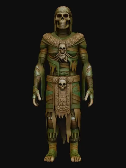 3D model for a chavant or clay  aztec mummy of an ancient death god,  creepy , dark and gloomy,  extreme details ,on neutral mid grey background, studio lighting, dark and gloomy,  natural muted colors, gloomy horror,  utterly disturbing, morbid, complex game asset