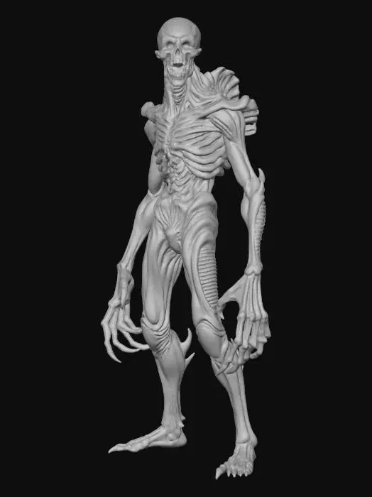 3D model for a full body clay or chavant figurine of a xeno spawn cultist high priest of the void god, ultra realistic, natural A Pose, extreme details ,on neutral mid grey background, studio lighting, dark and gloomy, natural muted colors, lost, , gloomy horror, no weapon, design patterns inspired by HR Giger, utterly disturbing, massive claws,