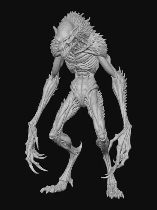 3D model for a full body clay or chavant figurine of a lunar werewolf bersker xeno spawn ultra realistic, natural A Pose, extreme details ,on neutral mid grey background, studio lighting, dark and gloomy, natural muted colors, lost, , gloomy horror, no weapon, design patterns inspired by HR Giger, utterly disturbing, massive claws,