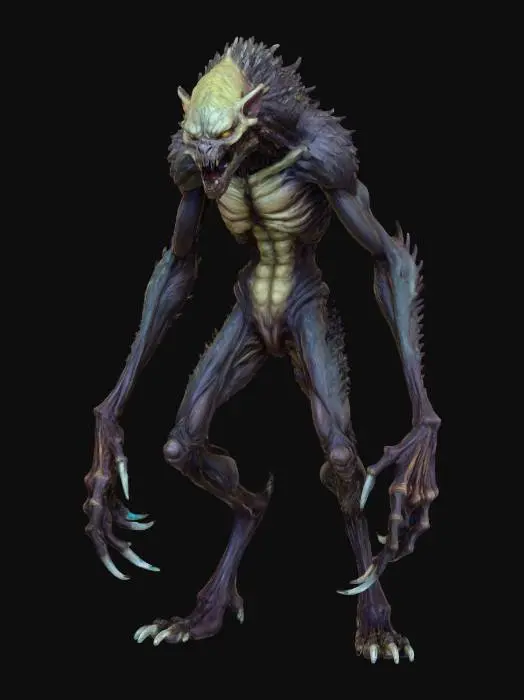 3D model for a full body clay or chavant figurine of a lunar werewolf bersker xeno spawn ultra realistic, natural A Pose, extreme details ,on neutral mid grey background, studio lighting, dark and gloomy, natural muted colors, lost, , gloomy horror, no weapon, design patterns inspired by HR Giger, utterly disturbing, massive claws,