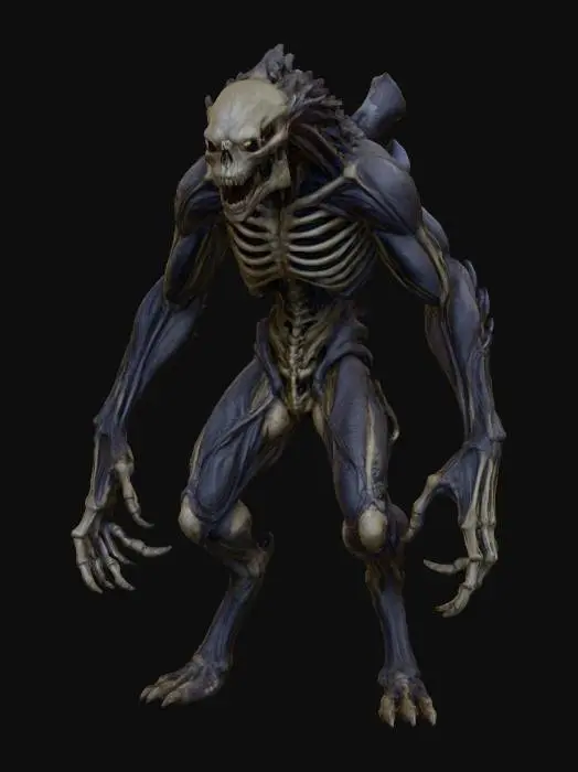 3D model for a full body clay or chavant figurine of a lunar werewolf bersker xeno spawn ultra realistic, natural A Pose, extreme details ,on neutral mid grey background, studio lighting, dark and gloomy, natural muted colors, lost, , gloomy horror, no weapon, design patterns inspired by HR Giger, utterly disturbing, massive claws,