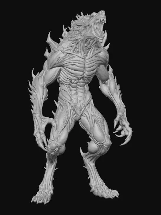 3D model for a full body clay or chavant figurine of a lunar werewolf berserker xeno spawn ultra realistic, natural A Pose, extreme details ,on neutral mid grey background, studio lighting, dark and gloomy, natural muted colors, lost, , gloomy horror, no weapon, design patterns inspired by HR Giger, utterly disturbing, massive claws, mouth is wide open showing threatening teeth, aggressive and menacing, a massive feral beast