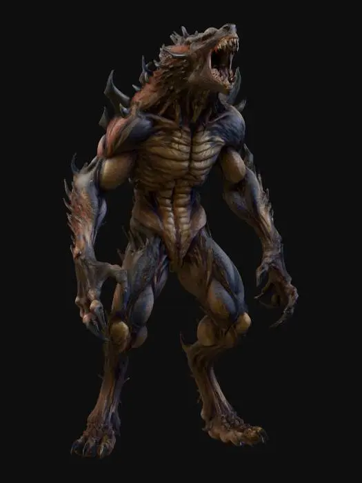 3D model for a full body clay or chavant figurine of a lunar werewolf berserker xeno spawn ultra realistic, natural A Pose, extreme details ,on neutral mid grey background, studio lighting, dark and gloomy, natural muted colors, lost, , gloomy horror, no weapon, design patterns inspired by HR Giger, utterly disturbing, massive claws, mouth is wide open showing threatening teeth, aggressive and menacing, a massive feral beast