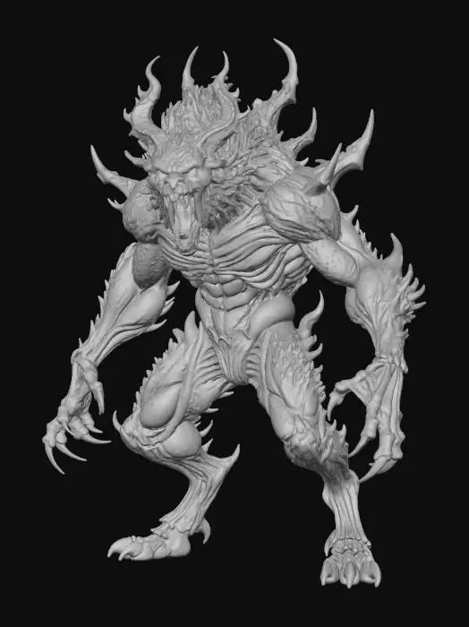 3D model for a full body clay or chavant figurine of a lunar werewolf berserker demon spawn ultra realistic, natural A Pose, extreme details ,on neutral mid grey background, studio lighting, dark and gloomy, natural muted colors, lost, , gloomy horror, no weapon, design patterns inspired by HR Giger, utterly disturbing, massive claws, mouth is wide open showing threatening teeth, aggressive and menacing, a massive feral beast , horns and spikes