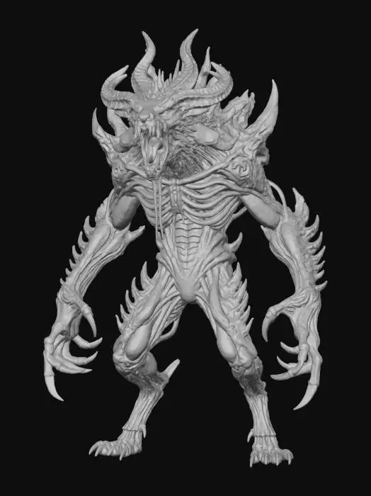 3D model for a full body clay or chavant figurine of a lunar werewolf berserker demon spawn ultra realistic, natural A Pose, extreme details ,on neutral mid grey background, studio lighting, dark and gloomy, natural muted colors, lost, , gloomy horror, no weapon, design patterns inspired by HR Giger, utterly disturbing, massive claws, mouth is wide open showing threatening teeth, aggressive and menacing, a massive feral beast , horns and spikes