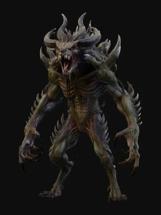 3D model for a full body clay or chavant figurine of a lunar werewolf berserker demon spawn ultra realistic, natural A Pose, extreme details ,on neutral mid grey background, studio lighting, dark and gloomy, natural muted colors, lost, , gloomy horror, no weapon, design patterns inspired by HR Giger, utterly disturbing, massive claws, mouth is wide open showing threatening teeth, aggressive and menacing, a massive feral beast , horns and spikes