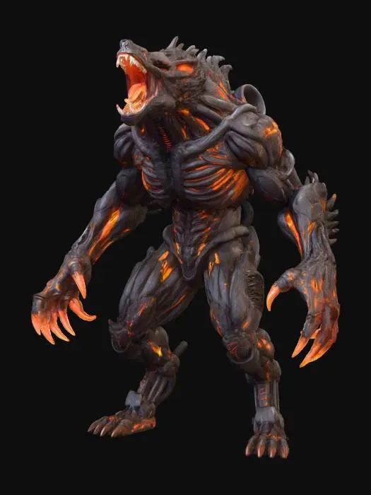 3D model for a full body clay or chavant figurine of a lava/fire  cyborg werewolf berserker ultra realistic, natural A Pose, extreme details ,on neutral mid grey background, studio lighting, dark and gloomy, natural muted colors, lost, , gloomy horror, no weapon, design patterns inspired by HR Giger, utterly disturbing, massive glowing lava  claws, mouth is wide open showing threatening teeth, aggressive and menacing, a massive feral mech half mechanical war beast, lava veins, glowing teeth and mouth