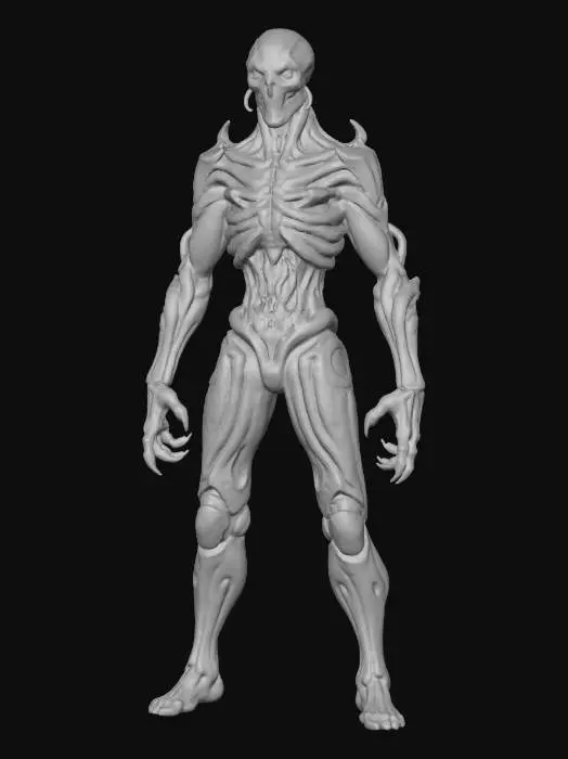 3D model for a full body clay or chavant figurine of 
dystopian, cyborg Sentinel of the Future ultra realistic, natural A Pose, extreme details ,on neutral mid grey background, studio lighting, dark and gloomy, natural muted colors, lost, , gloomy horror, no weapon, design patterns inspired by HR Giger, utterly disturbing,