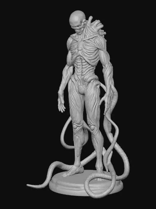 3D model for a full body clay or chavant figurine of 
dystopian, cyborg Sentinel of the Future - cyborg cultist, long hoses and cables spawn from his back,  a half humanoid cyborg hybrid, remnant of a dark dystopian cult, ultra realistic, natural A Pose, extreme details ,on neutral mid grey background, studio lighting, dark and gloomy, natural muted colors, lost, , gloomy horror, no weapon, design patterns inspired by HR Giger, utterly disturbing,