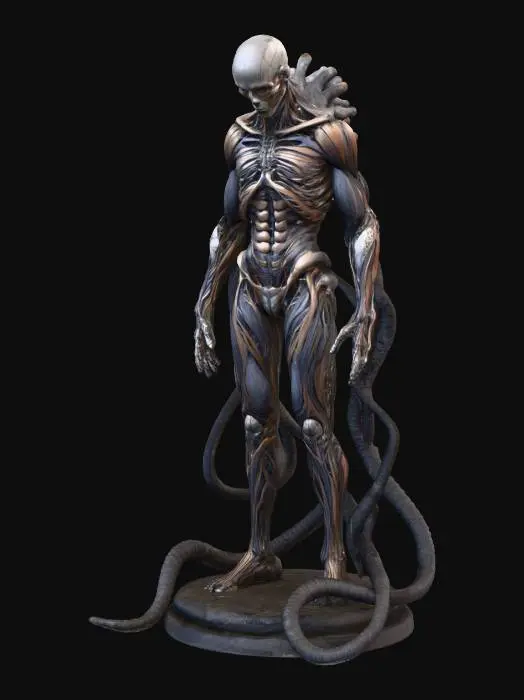 3D model for a full body clay or chavant figurine of 
dystopian, cyborg Sentinel of the Future - cyborg cultist, long hoses and cables spawn from his back,  a half humanoid cyborg hybrid, remnant of a dark dystopian cult, ultra realistic, natural A Pose, extreme details ,on neutral mid grey background, studio lighting, dark and gloomy, natural muted colors, lost, , gloomy horror, no weapon, design patterns inspired by HR Giger, utterly disturbing,