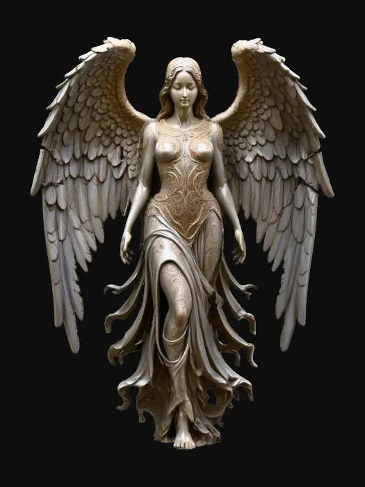 3D model for Highly detailed digital painting of angelic female sculpture, dark fantasy angel of death, beautiful face, made of a dark, weathered stone, possibly obsidian or basalt. She has large, feathered wings that are partially broken and chipped, suggesting age and battles fought. Her face is serene but sorrowful, with eyes that seem to hold ancient secrets. She wears tattered, gothic-style robes that cling to her form. dark and gloomy,  
extreme details ,on neutral mid grey background, studio lighting, dark and gloomy, natural muted colors, lost, , gloomy horror, no weapon, design patterns inspired by HR Giger, utterly disturbing,