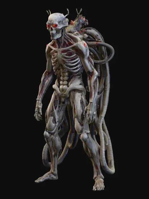 3D model for a full body clay or chavant figurine of 
dystopian, cyborg Sentinel of the Future - cyborg cultist, long hoses and cables spawn from his back,  a half humanoid cyborg hybrid, remnant of a dark dystopian cult, ultra realistic, natural A Pose, extreme details ,on neutral mid grey background, studio lighting, dark and gloomy, natural muted colors, lost, , gloomy horror, no weapon, design patterns inspired by HR Giger, utterly disturbing,