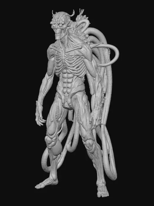 3D model for a full body clay or chavant figurine of 
dystopian, cyborg Sentinel of the Future - cyborg cultist, long hoses and cables spawn from his back,  a half humanoid cyborg hybrid, remnant of a dark dystopian cult, ultra realistic, natural A Pose, extreme details ,on neutral mid grey background, studio lighting, dark and gloomy, natural muted colors, lost, , gloomy horror, no weapon, design patterns inspired by HR Giger, utterly disturbing,