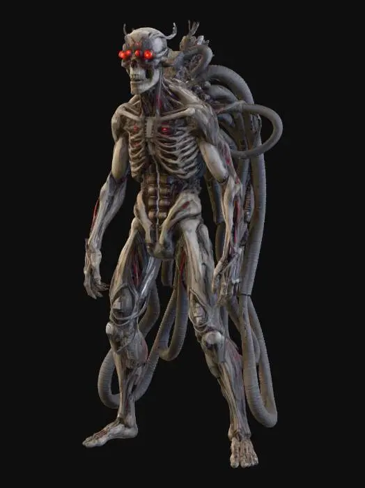 3D model for a full body clay or chavant figurine of 
dystopian, cyborg Sentinel of the Future - cyborg cultist, long hoses and cables spawn from his back,  a half humanoid cyborg hybrid, remnant of a dark dystopian cult, ultra realistic, natural A Pose, extreme details ,on neutral mid grey background, studio lighting, dark and gloomy, natural muted colors, lost, , gloomy horror, no weapon, design patterns inspired by HR Giger, utterly disturbing,