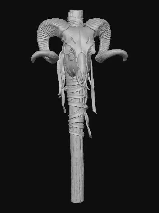 3D model for a withccraft totem, featuring a ram skull strapped to a stick with rough leather strips, d.i.y style, primitive, tribal, blair witch inspired, ultra realistic, creepy , dark and gloomy,  extreme details ,on neutral mid grey background, studio lighting, dark and gloomy,  natural muted colors, gloomy horror, design patterns inspired by HR Giger, utterly disturbing,