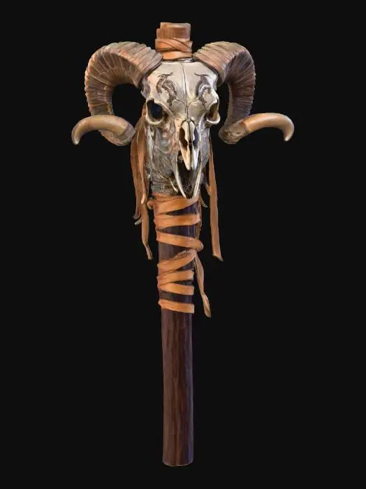 3D model for a withccraft totem, featuring a ram skull strapped to a stick with rough leather strips, d.i.y style, primitive, tribal, blair witch inspired, ultra realistic, creepy , dark and gloomy,  extreme details ,on neutral mid grey background, studio lighting, dark and gloomy,  natural muted colors, gloomy horror, design patterns inspired by HR Giger, utterly disturbing,